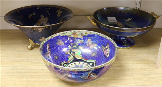 Three Carlton Ware Royal blue lustre bowls, cranes and bamboo pattern 2922, butterflies and spiders etc. largest diameter 26.5cm